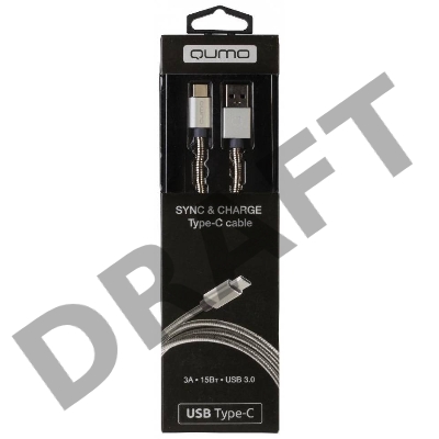 Кабель  Qumo Type-С кабель, 1м, USB 3.0, 5В, 3А, 15Вт, металлическая оплетка, металлический коннектор, серебряный
