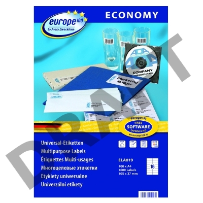 Этикетки Europe100 ELA019-100 ELA019 A4 105x37мм 16шт на листе/70г/м2/100л./белый матовое самоклей. универсальная