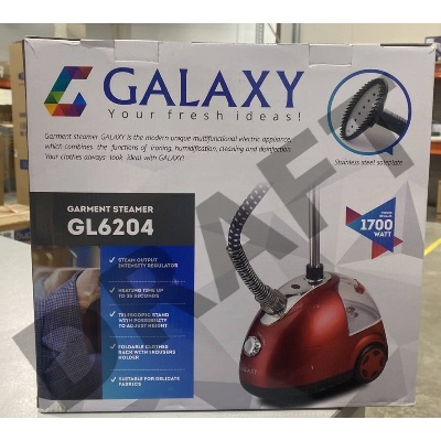 (Некомплект, нет насадки для отпаривателя) Отпариватель для одежды GALAXY GL 6204 Отпариватель для одежды 1700 Вт, объем контейнера для воды 1,5л, время нагрева 35сек, время непрерывной работы до 35мин, выход пара 40мл/мин, трехсекционная телескопическая 