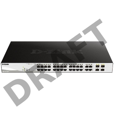 Коммутатор D-Link DGS-1210-28P/FL1A, L2 Managed Switch with 24 10/100/1000Base-T ports and 4 100/1000Base-T/SFP combo-ports (24 PoE ports 802.3af/802.3at (30 W), PoE Budget 193 W).8K Mac address, 802.3x Flow Co