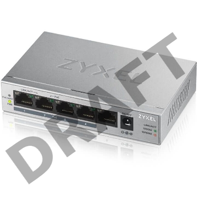Коммутатор Zyxel GS1005HP Switch PoE +, 5xGE (4xPoE +), desktop, metal, silent, PoE budget 60 W