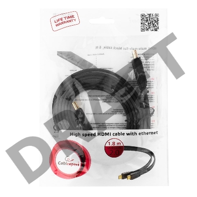 Кабель HDMI Gembird/Cablexpert , 1.8м, v1.4, 19M/19M, плоский кабель, черный, позол.разъемы, экран(CC-HDMI4F-6)