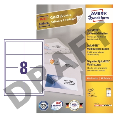 Этикетки Avery Zweckform 3660 A4 97x67.7мм 8шт на листе/70г/м2/100л./белый матовое самоклей. универсальная