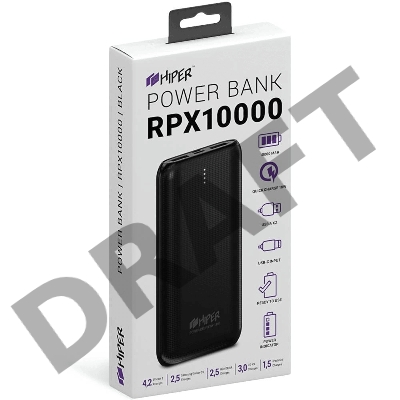 Аккумулятор HIPER Внешний аккумулятор HIPER RPX10000 Li-Pol 10000 mAh QC 3A+2.4A 2xUSB 1xType-C черный
