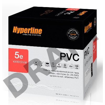 Hyperline FUTP4-C5E-S24-IN-PVC-GY-305 (FTP4-C5E-SOLID-GY-305) (305 м) Кабель витая пара, экранированная F/UTP, категория 5e, 4 пары (24 AWG), одножильный (solid), экран - фольга, PVC, –20°C – +75°C, серый - гарантия: 15 лет компонентная; 25 лет системная