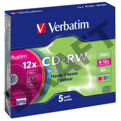 Диск CD-RW Verbatim 700Mb 12x Slim case (5шт) Color (43167)