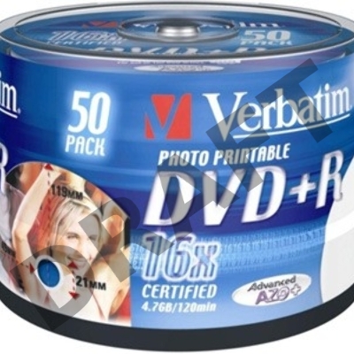 Диск DVD+R Verbatim 4.7Gb 16x Cake Box (50шт) Printable (43512)
